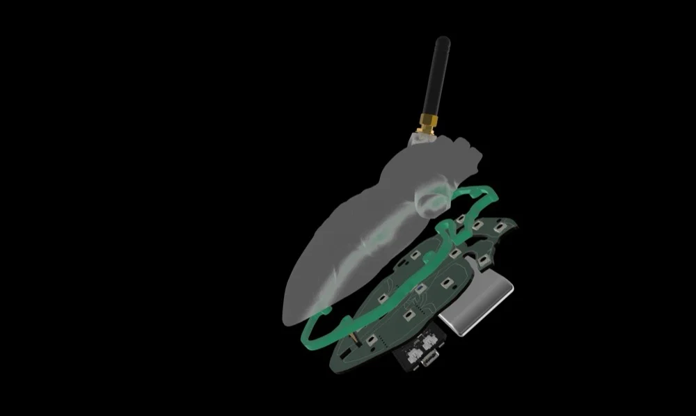 Exploded CAD render of the Heart Badge showing the transparent heart shell, PCB, and antenna
