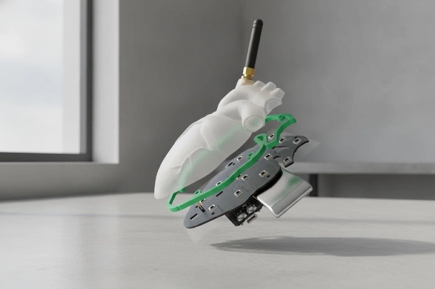 The 2026 Biohacking Village Heart Badge — a 3D-printed heart with an embedded Meshtastic monitor
